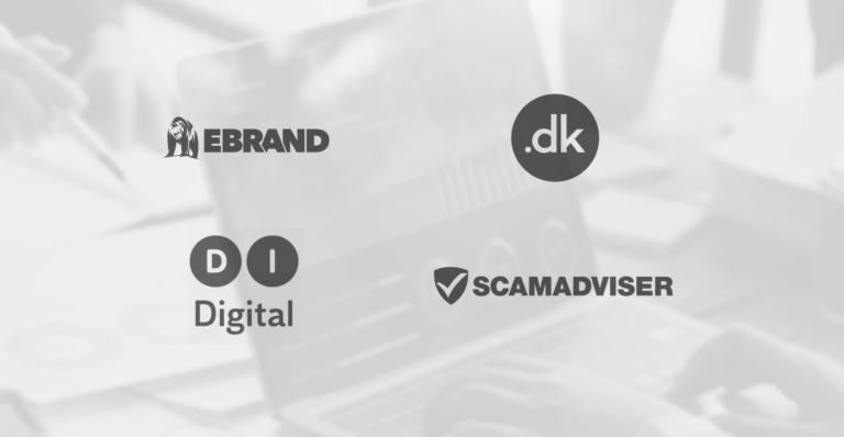 In this image, we list four highlight four logos with the caption "New website launched to tackle online scams". This highlights EBRAND's collaboration with DI Digital, the Danish Registry Punktum DK, and ScamAdviser.