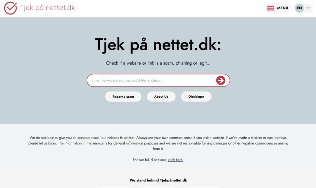 Here we have a screenshot from the Danish anti-scam website Tjekpånettet.dk, illustrating our collaboration project with the DK registry and other key stakeholders.