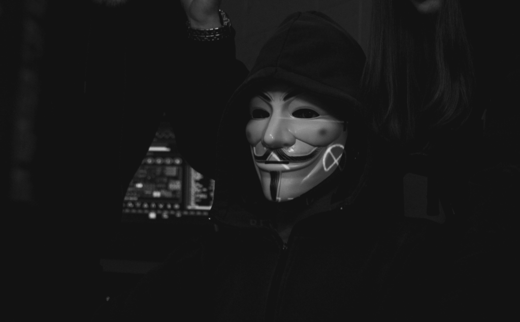 Here we have an image of a hooded, masked hacker in front of a computer screen, highlighting domain monitoring and its origins in 2000s anti-hacker culture.