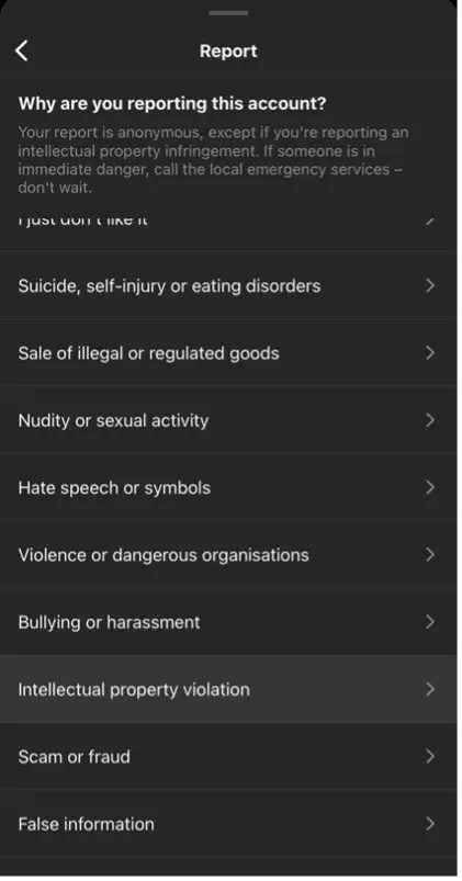 This image of Instagram's IP infringement options shows an important step for action against fake shops.