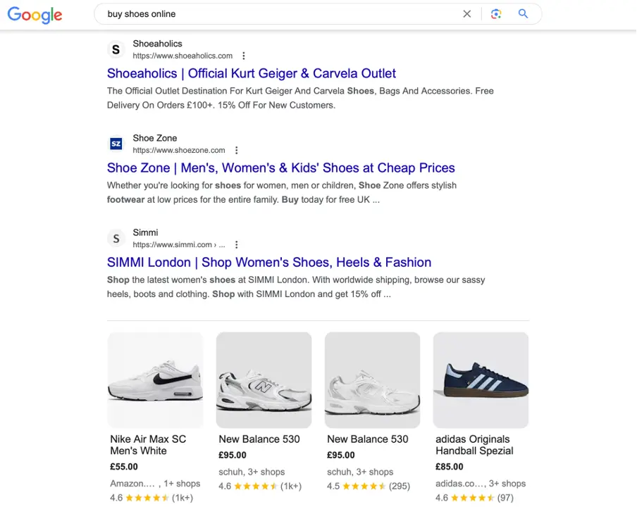 This image of a search for shoes on Google shows how business research fake shops.