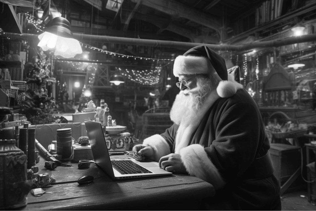 This image of Santa on his computer in his workshop highlights the role of digital counterfeits in Christmas shopping and festive ecommerce.