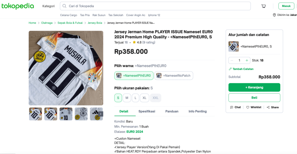 This screenshot of a tokopedia  counterfeit listing demonstrates our discussion topic: the financial aspect of online scams and brand protection at Euro 2024.