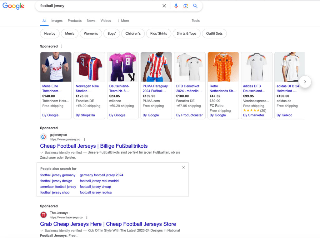 This screenshot of a Google search for "football jersey" listing demonstrates our discussion topic: the financial aspect of online scams and brand protection at Euro 2024.