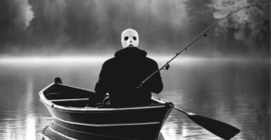 This spooky image of a masked man fishing in a boat highlights our discussion topic: The top ten phishing nightmares from 2024 (so far!).