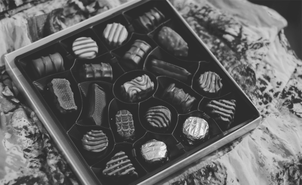 This image of a box of chocolates illustrates our discussion topic: Fake websites and Valentine's Scams.
