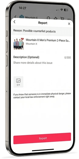 This image of someone on their phone on TikTok shop illustrates our discussion topic: Getting counterfeits taken down from ecommerce platforms.