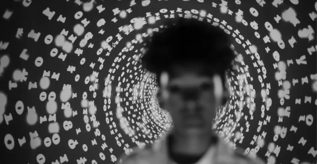 This image of a lady in a tunnel of code illustrates our discussion topic about fake identity websites.